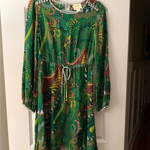 Anthropologie Maeve Green Multicolor Paisley Long Sleeve Tie-Waist Dress